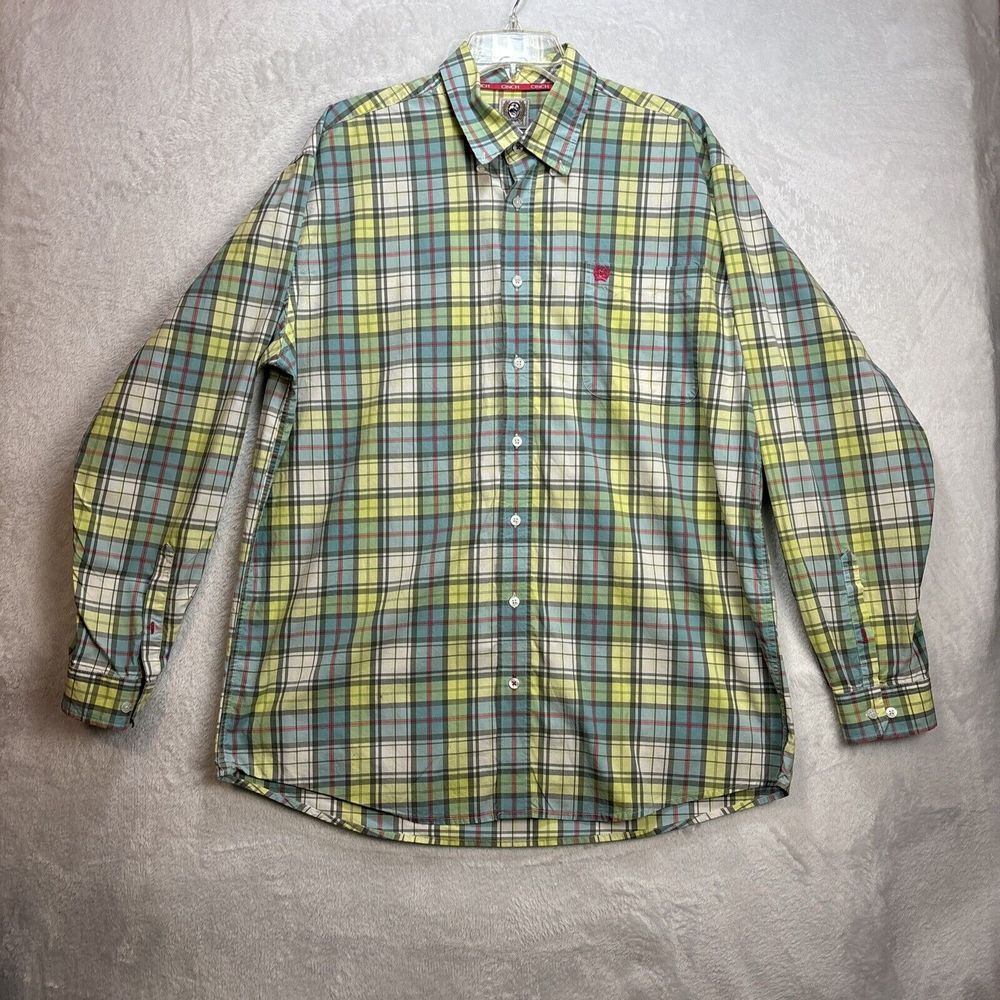 Cinch Long Sleeve Button Front Western Rodeo Shirt.. Yellow Plaid, Men's Large